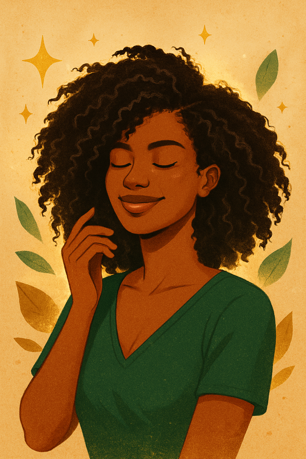 Illustration of a woman with closed eyes and a serene expression, surrounded by leaves and stars on a beige background.