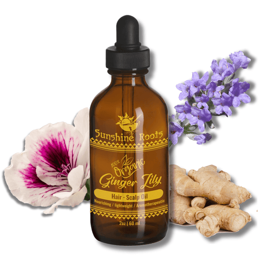 Bottle of Sunshine Roots Ginger Lily hair and scalp oil with ginger roots, flowers, and lavender on a white background
