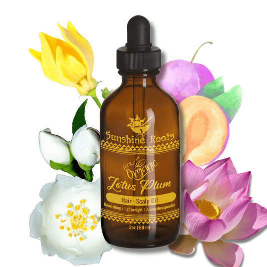 Bottle of Sunshine Roots Lotus Plum Hair Scalp Oil surrounded by flowers on a white background