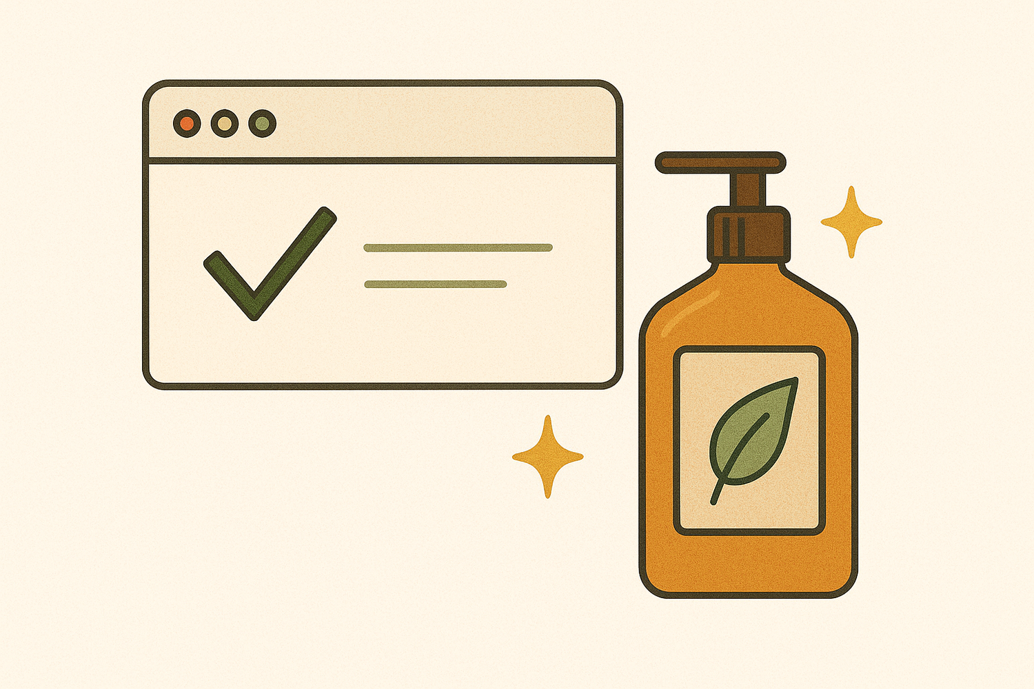 Illustration of a browser window with a check mark and a bottle with a leaf label on a beige background