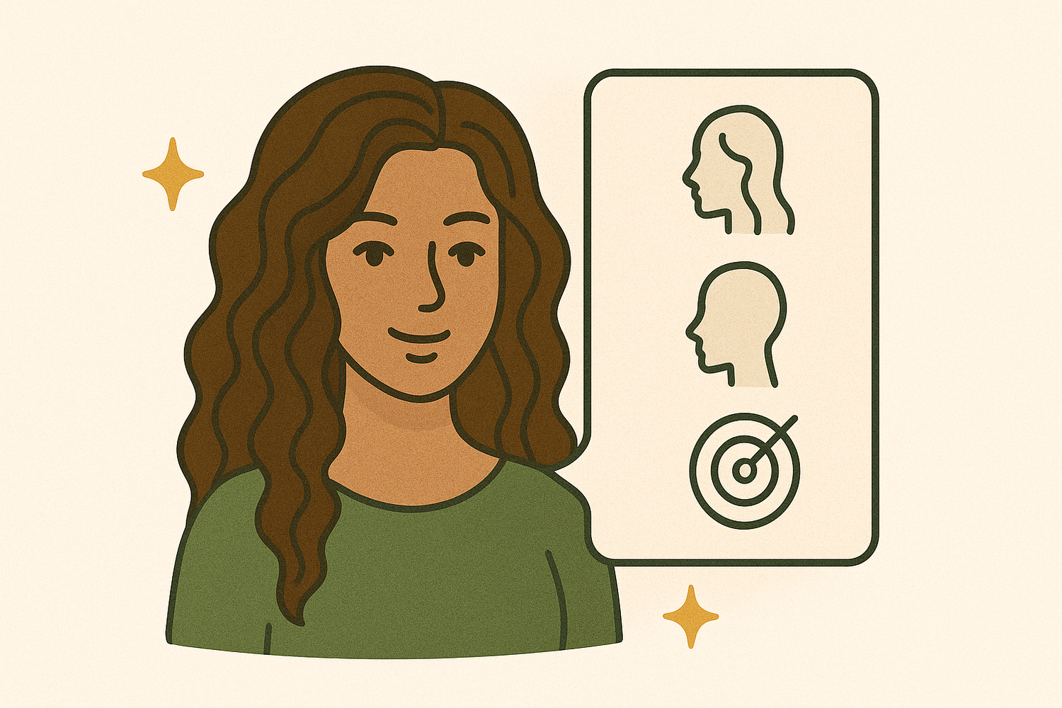 Illustration of a woman with wavy hair and a mirror showing self-image issues.