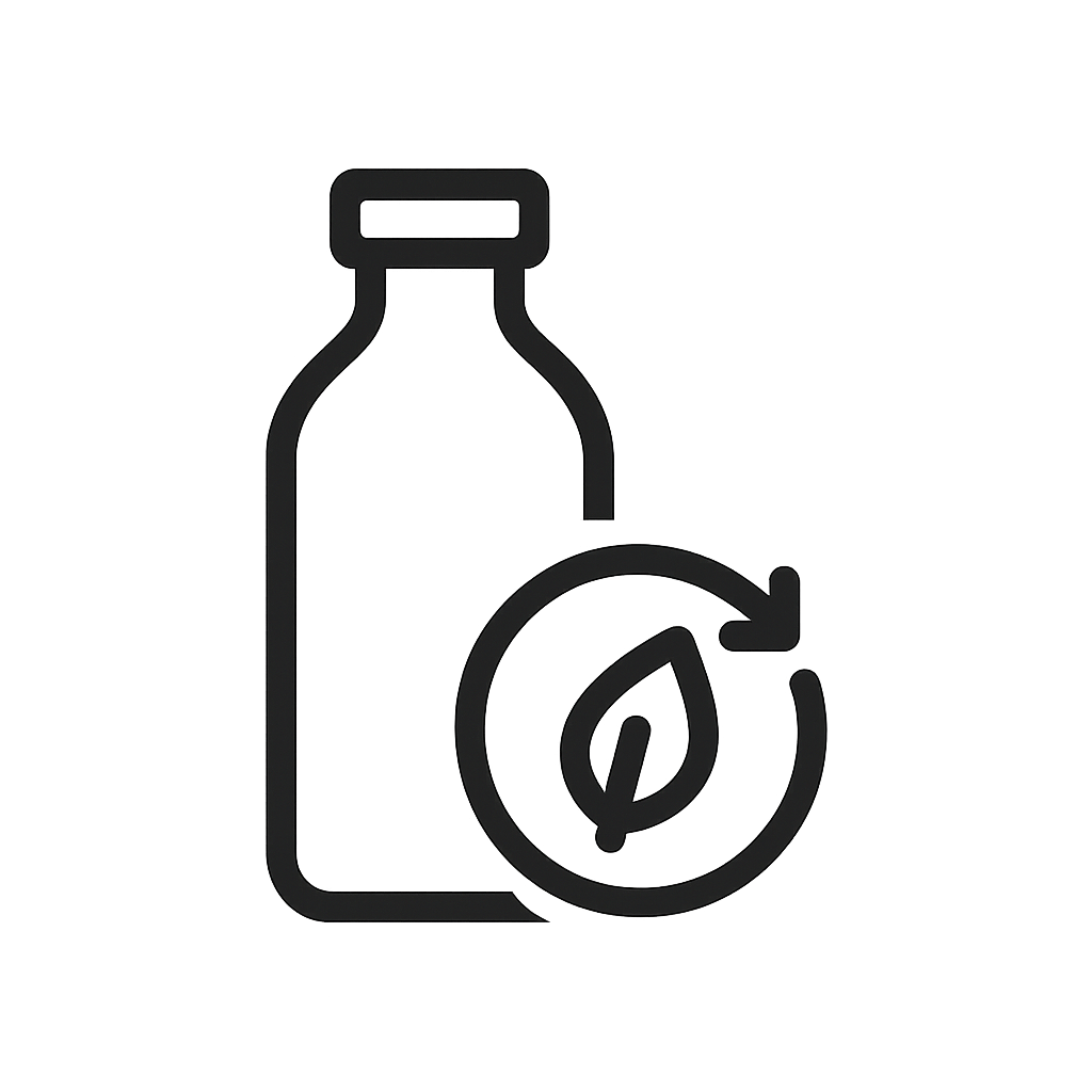 Icon of a bottle with a leaf and recycling symbol on a white background