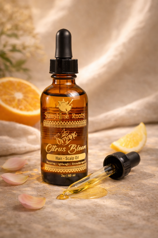 Sunshine Roots Citrus Bloom hair and scalp oil bottle with dropper on a neutral background