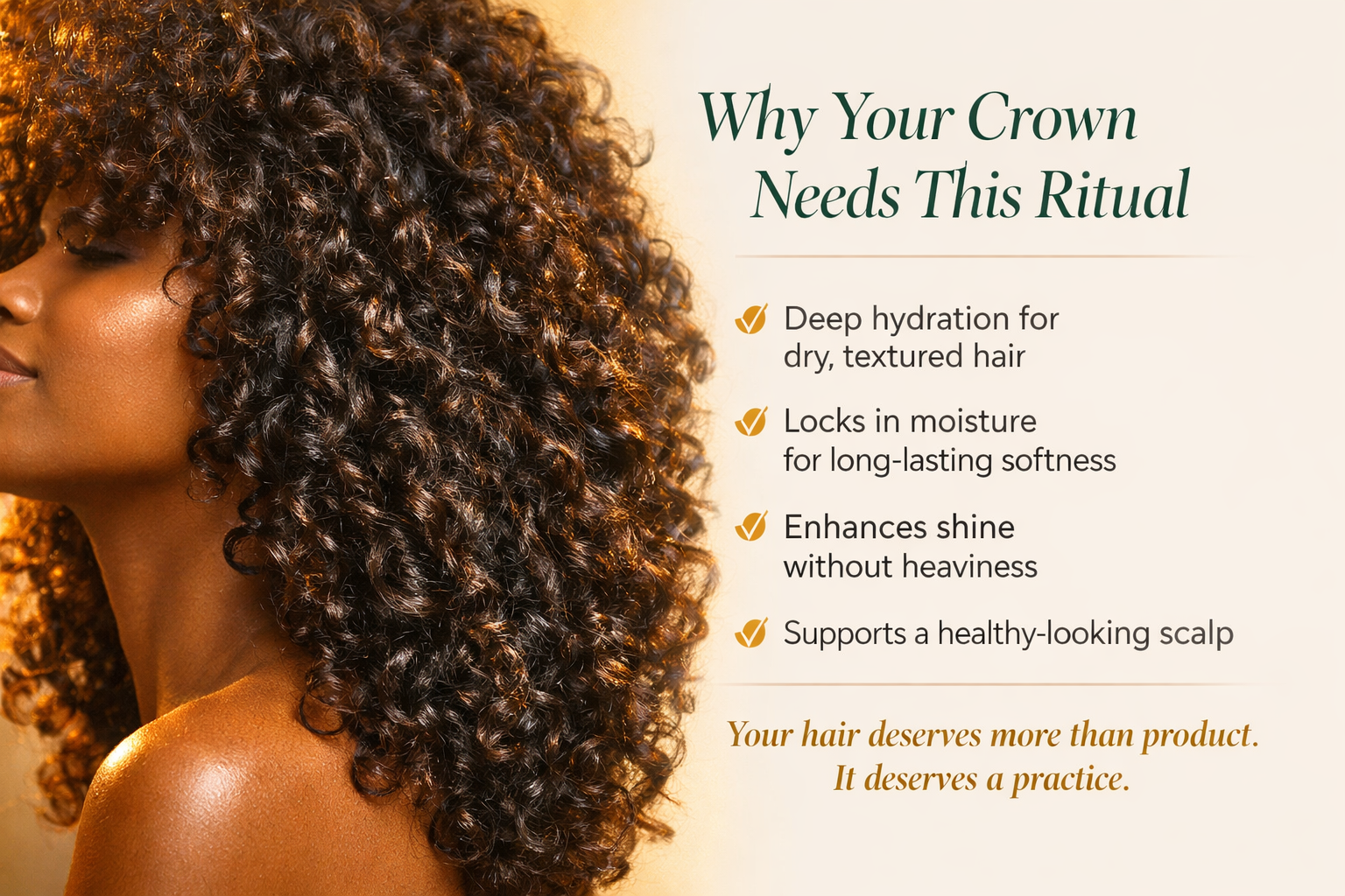 Woman with curly hair on a beige background with text about hair care ritual.