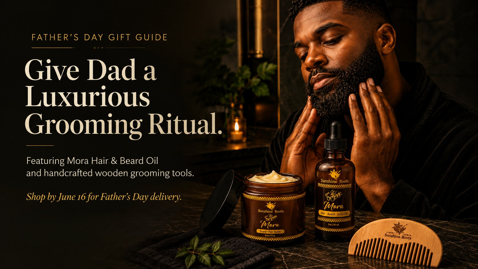 Advertisement for Mora Hair & Beard Oil with a man grooming himself, featuring text about a Father's Day gift guide.