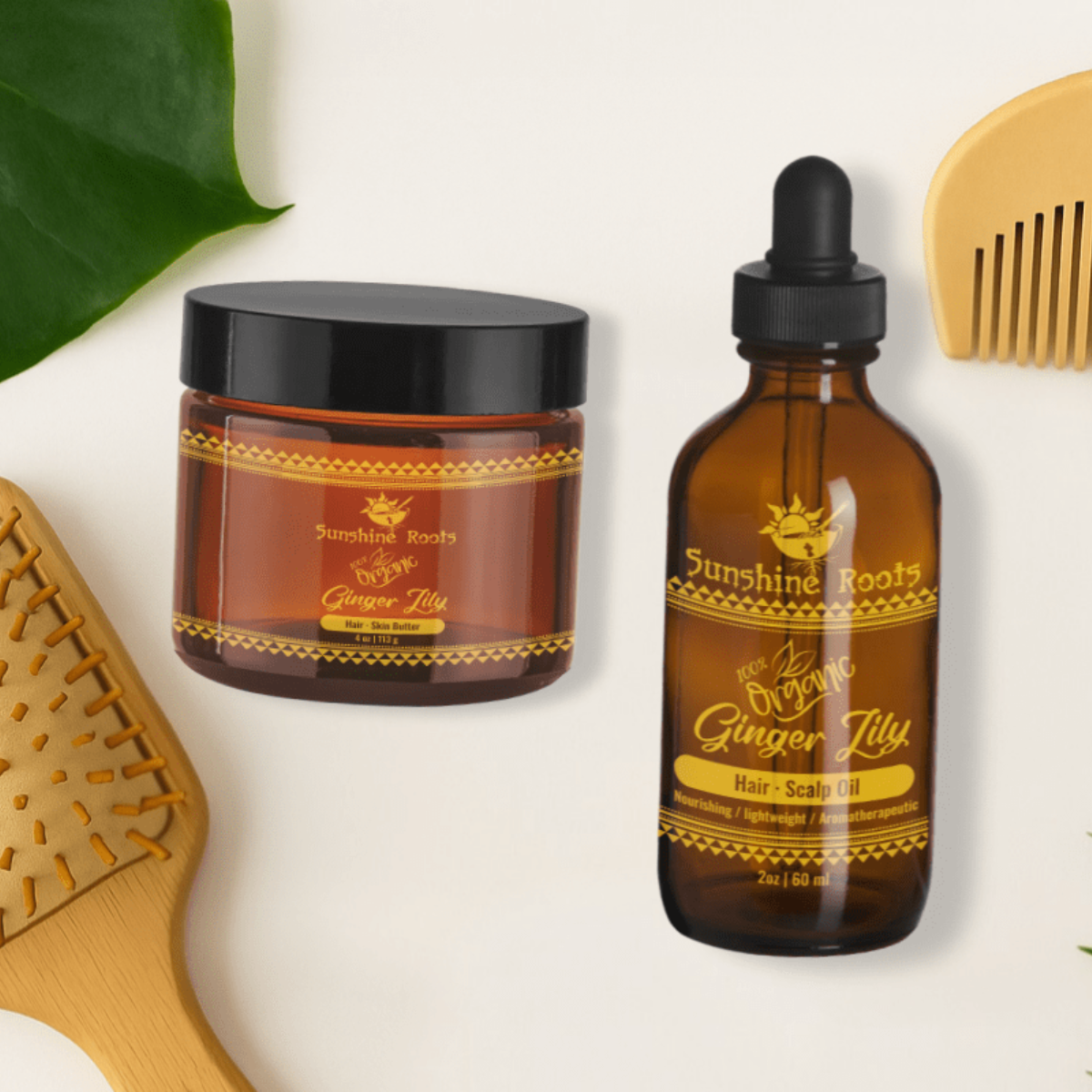 Sunshine Roots Ginger Lily hair care products including a jar and bottle on a light background with a comb and leaf.