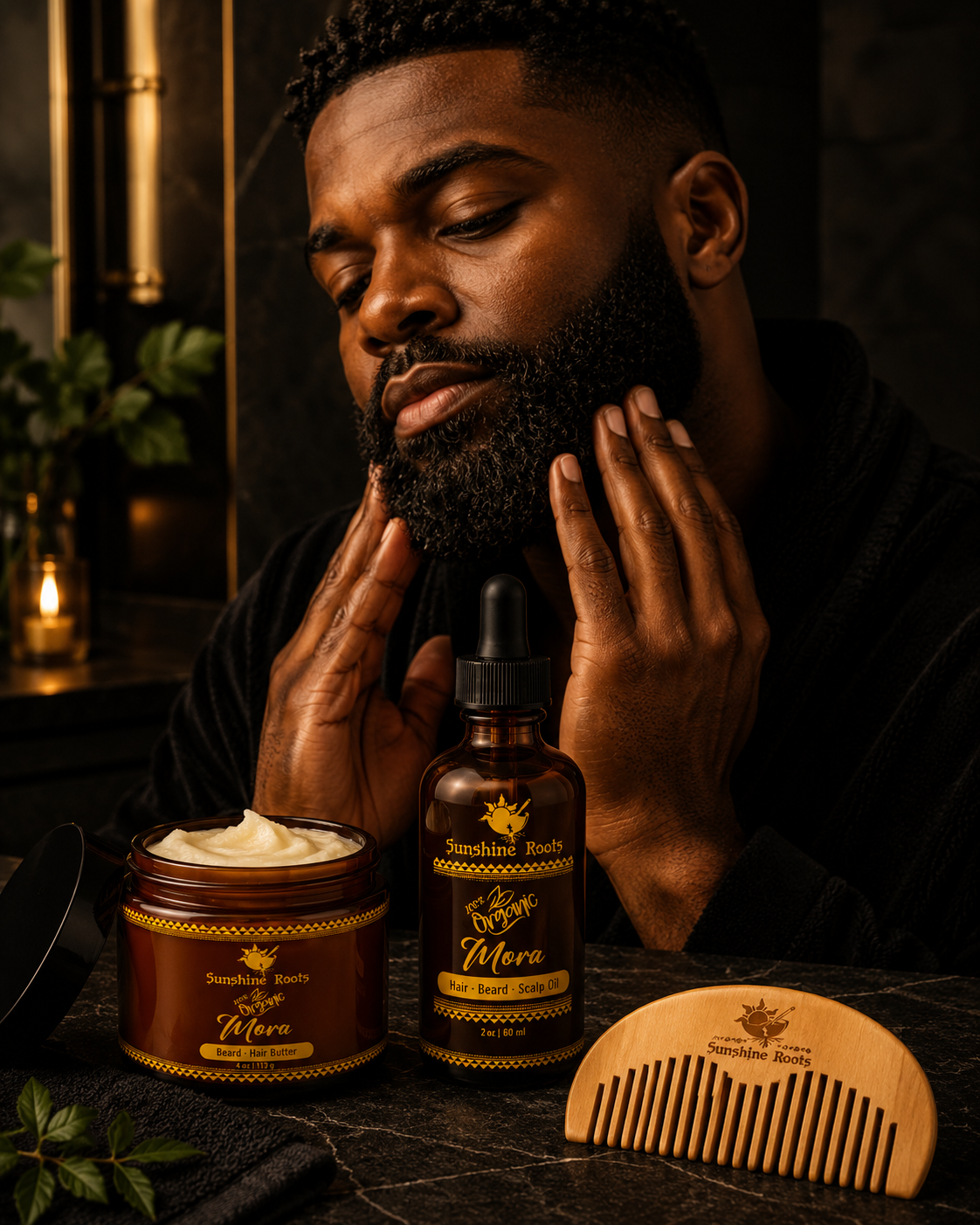 Man grooming his beard with a bottle, jar, and comb on a dark surface.