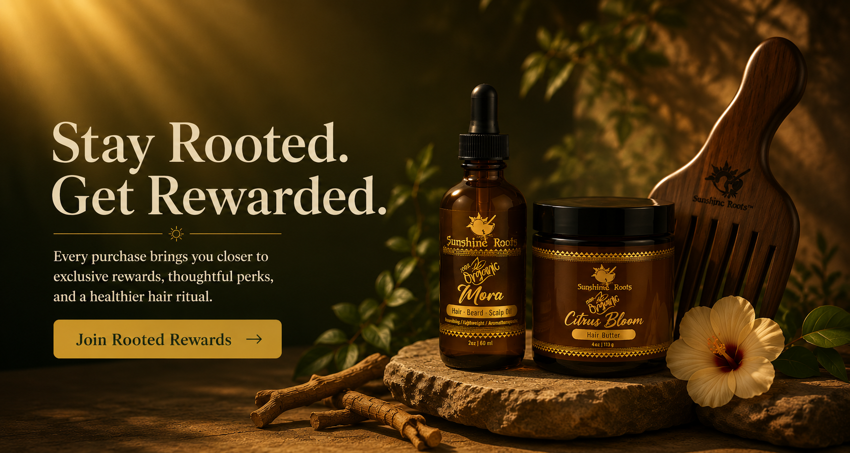Two hair care products from Rooted Rewards—a dropper bottle and a jar—displayed on a rustic stone slab with a wooden hairbrush, roots, and a flower against a dark, atmospheric background with golden light rays.