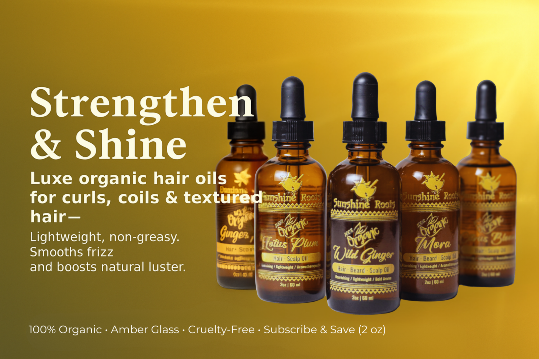 Row of amber glass hair oil bottles with black droppers on a yellow background, featuring text about hair care products.