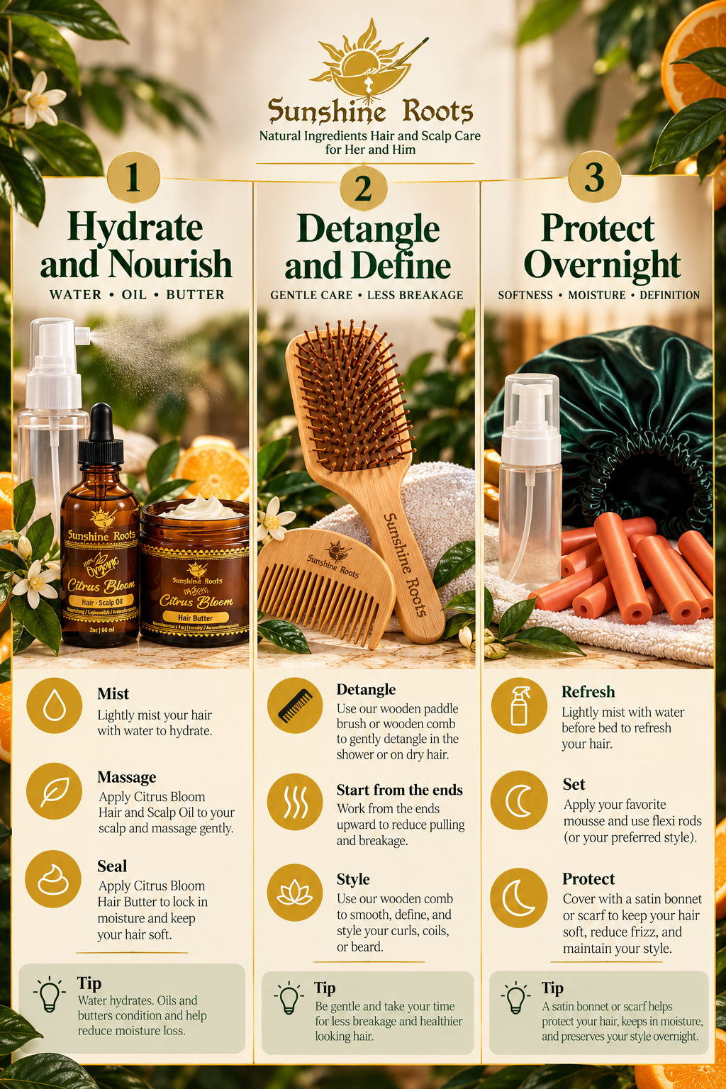 A three-step hair care infographic from Sunshine Roots titled 'Hydrate and Nourish', 'Detangle and Define', and 'Protect Overnight', showing product bottles, a wooden paddle brush, and care tips with illustrations of hair and ingredients.