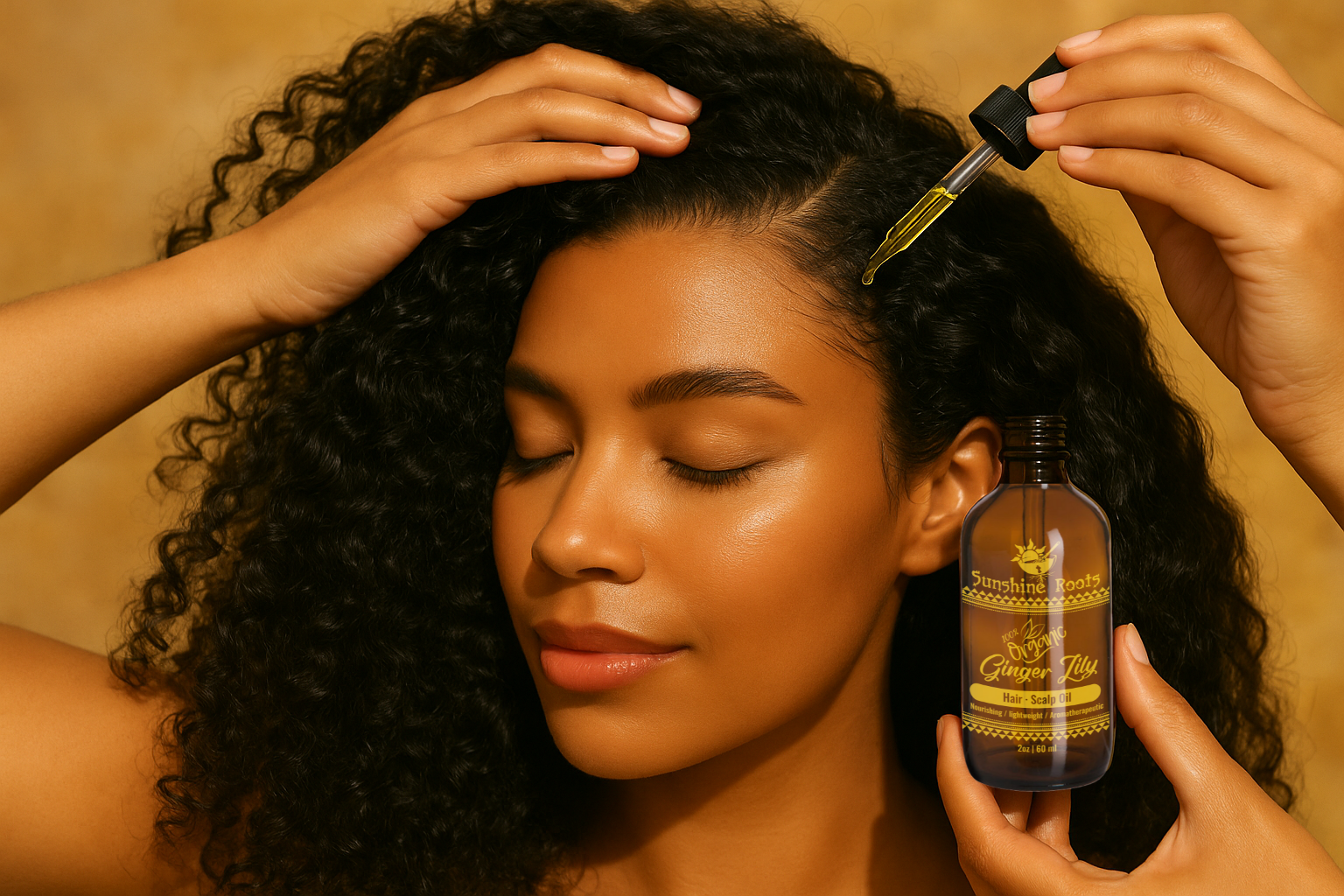 Woman applying hair oil to her hair with a dropper, holding a bottle labeled 'Nubian Heritage'.