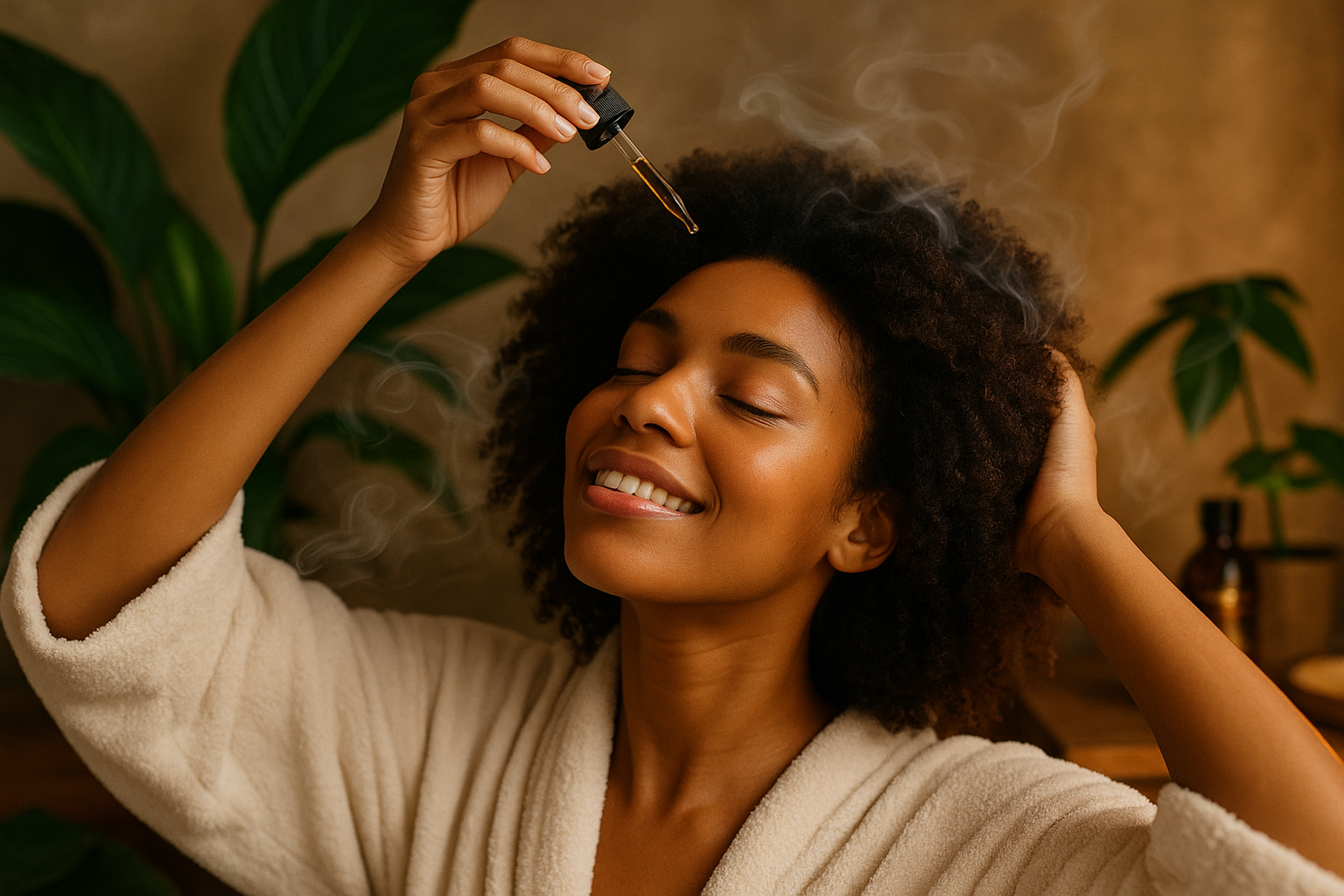 Lifestyle images of individuals with textured hair using Sunshine Roots organic hair and beard oils in everyday self-care routines.