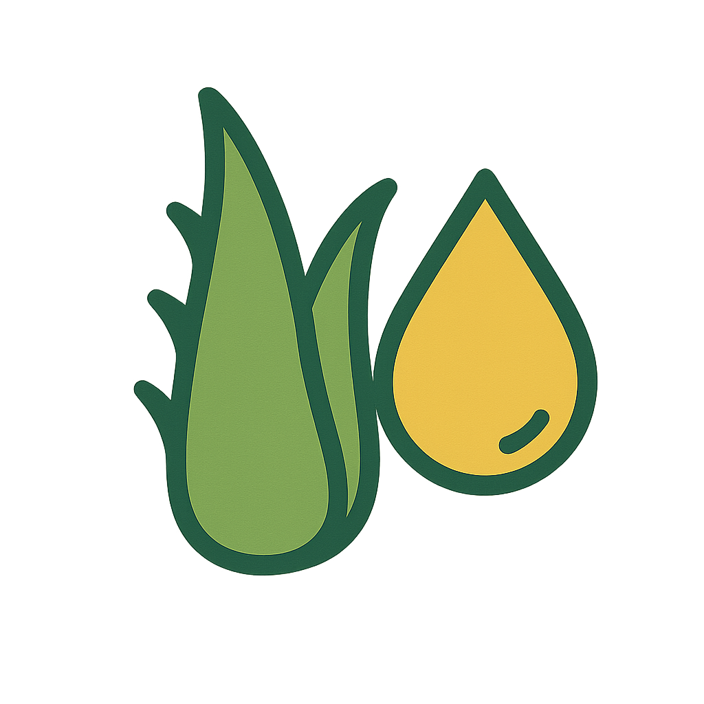 Illustration of an aloe vera leaf and a yellow droplet on a white background
