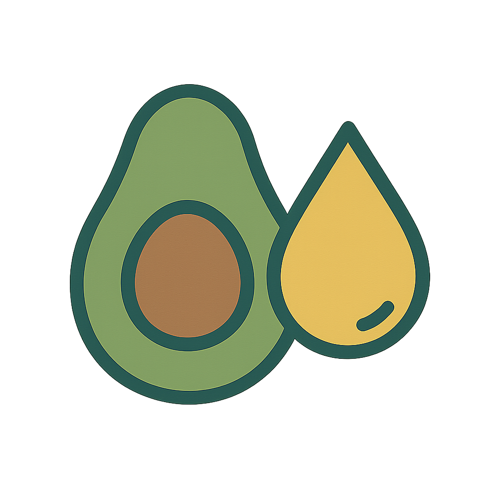 Illustration of an avocado with a drop of oil on a white background