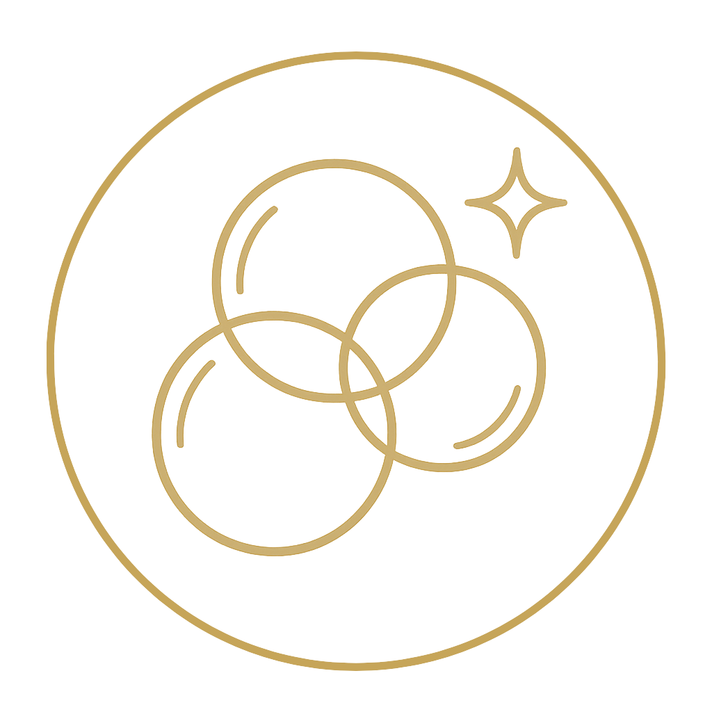 Gold circular design with three intersecting circles and a star on a white background