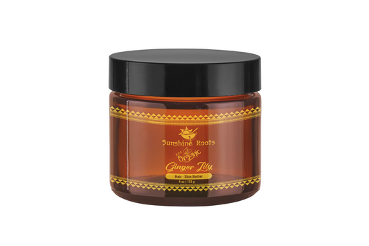 Jar of 'Sunshine Roots Ginger Lily' hair care product on a white background