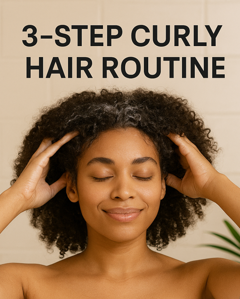 Woman with curly hair and a bottle of hair product with '3-Step Curly Hair Routine' text.
