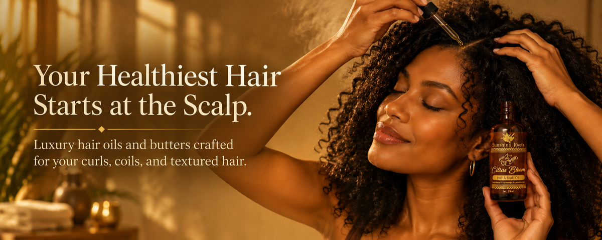 A woman with voluminous curly hair holds a small amber bottle near her scalp while another hand applies product with a dropper. Text on the left reads, 'Your Healthiest Hair Starts at the Scalp.