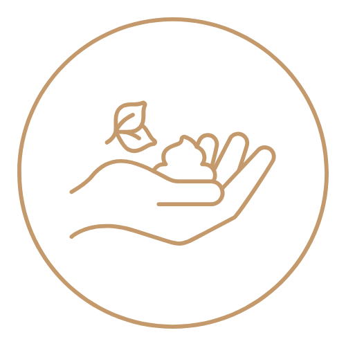 Icon of a hand holding a leaf and a flower in a circular outline