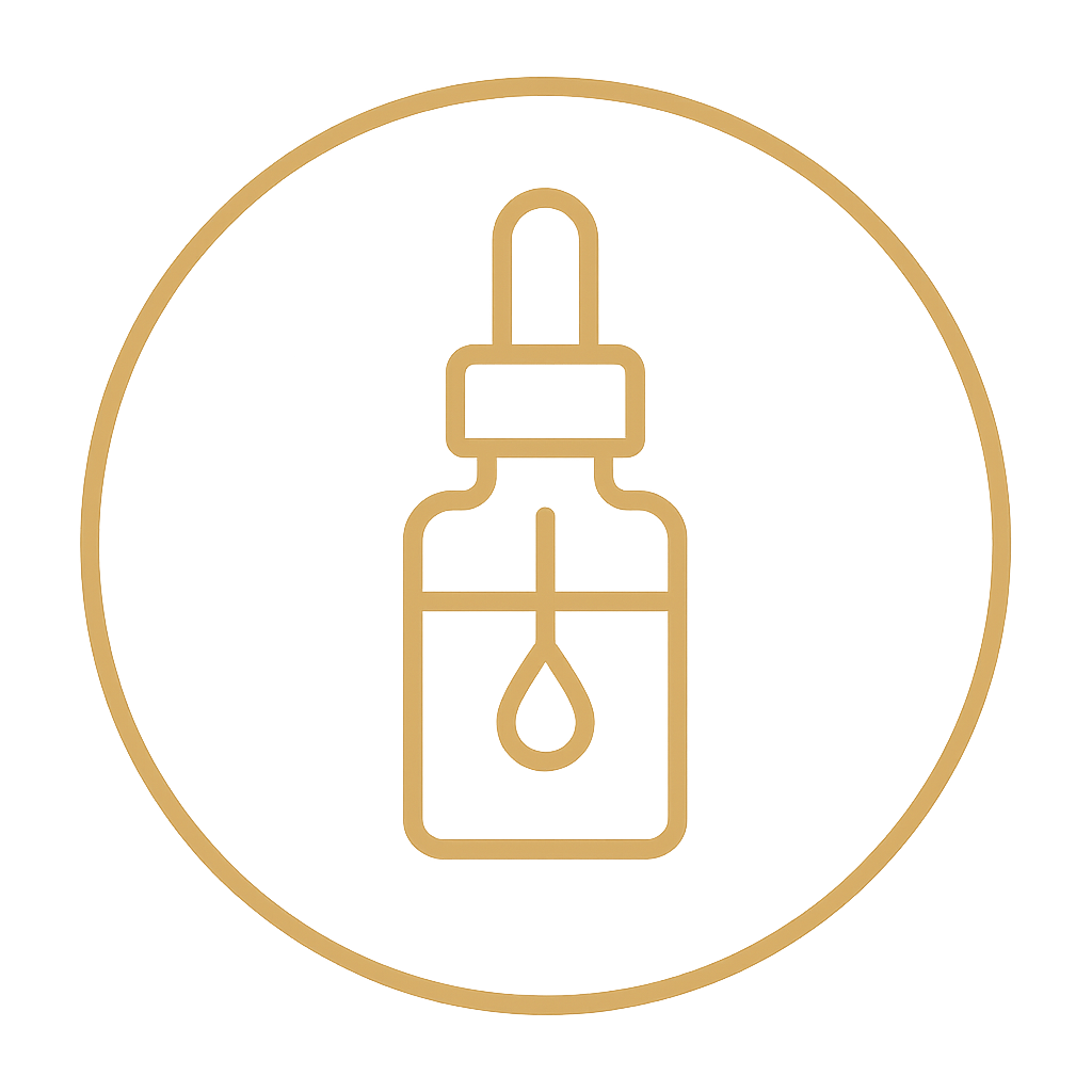 Gold icon of a dropper bottle with a drop on a white background