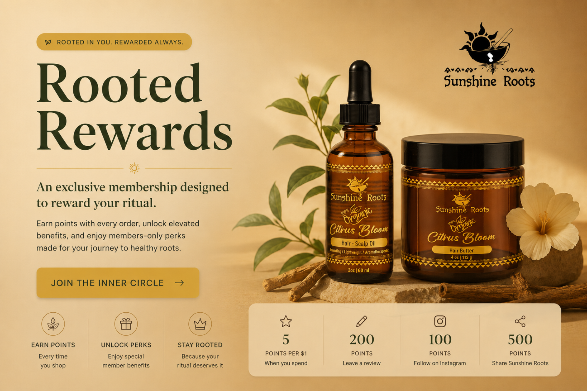 Promotional graphic for 'Rooted Rewards' by Sunshine Roots, featuring an amber dropper bottle and a matching jar on a warm beige background with text, decorative leaves, and a flower.