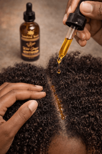 Person applying oil from a dropper to their hair, with a bottle of oil in the background.Wild Ginger Hair & Beard Oil - Sunshine Roots